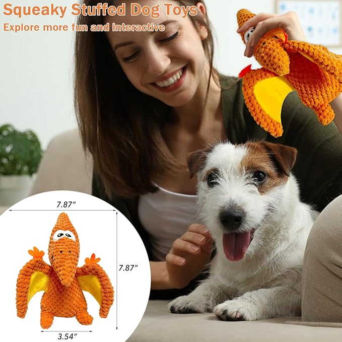 LWBMG Squeaky Dog Toys Plush Dog Toy with Crinkle Paper Dinosaur Dog Toy Stuffed Animals Chew Toy Plush Squeaky Dog Birthday Toys for Small Medium Large Dogs Orange