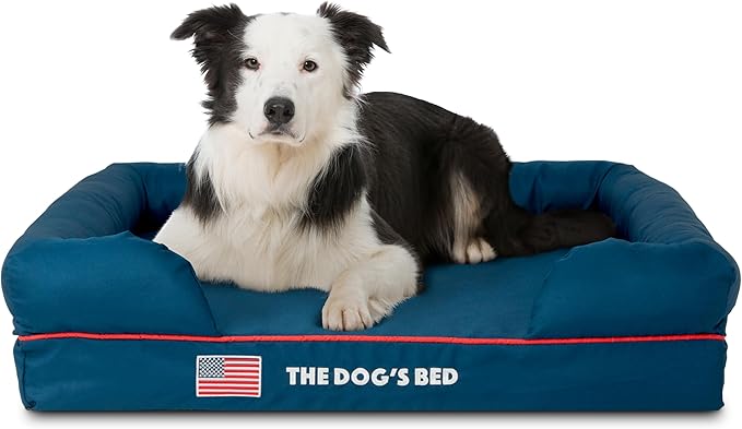 The Dog’s Bed Orthopedic Memory Foam Dog Bed with Bolsters, Oxford Fabric, Blue with Dark Red Trim, Large