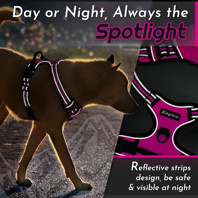 Eagloo Dog Harness Medium Sized Dog, No Pull Service Vest with Reflective Strips and Control Handle, Adjustable and Comfortable for Walking, No Choke Pet Harness with 2 Metal Rings, Rose Red, M