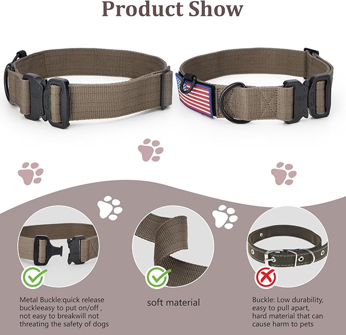 Heavy Duty Tactical Dog Collar Adjustable Nylon Pet Collars Quick Release Buckle with 2 D-Rings Patch for Medium, Large Dogs (Brown, Size L)