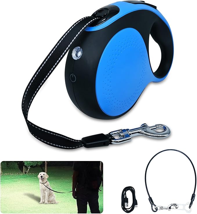 Retractable Dog Leash with LED Light Rechargeable,16Ft Heavy Duty Dog Leash for Medium Large Dogs up to 110lbs,360°No Tangle,One-Handed Brake,Pause,Lock(Blue)
