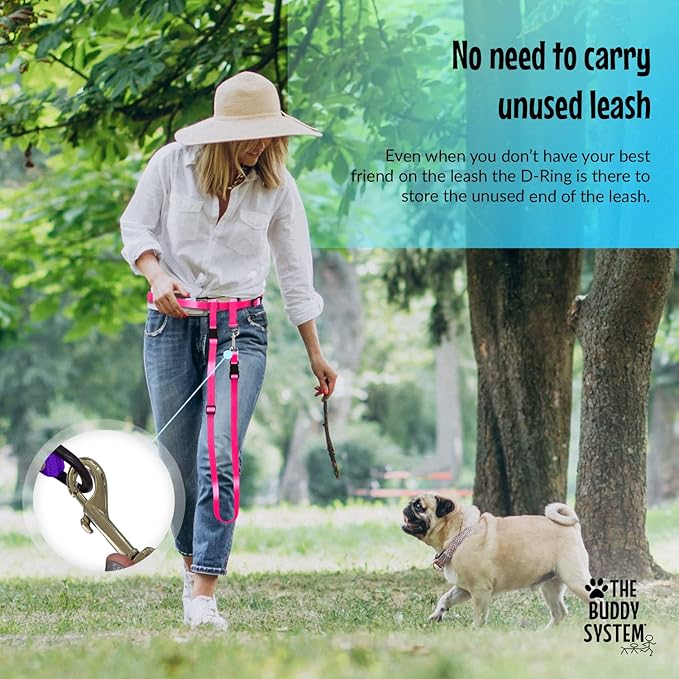 The Buddy System Hands Free Dog Leash, Adjustable Leash for Running, Jogging, Training and Service Dogs, Great for Small, Medium and Large Dogs, Made in USA (Pink, Small Dog System (Large Belt))
