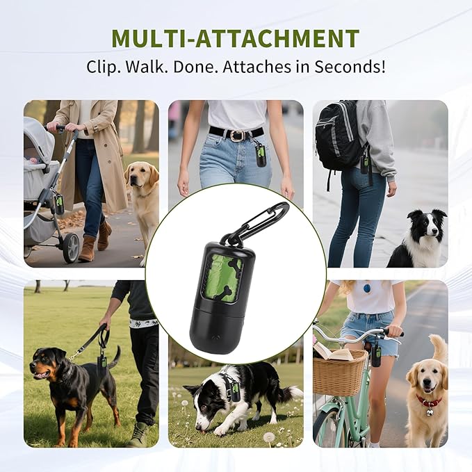 Dog Poop Bag Holder with Flashlight, USB Rechargeable, Doggie Waste Bag Dispenser for Leashes, Includes 1 Roll Extra Thick Bags, Clip & Holder - by PetIsay(Black)