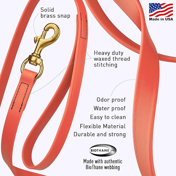 Viper Biothane K9 Working Dog Leash Waterproof Lead for Tracking Training Schutzhund Odor-Proof Long Line with Solid Brass Snap for Puppy Medium and Large Dogs, 33ft Coral