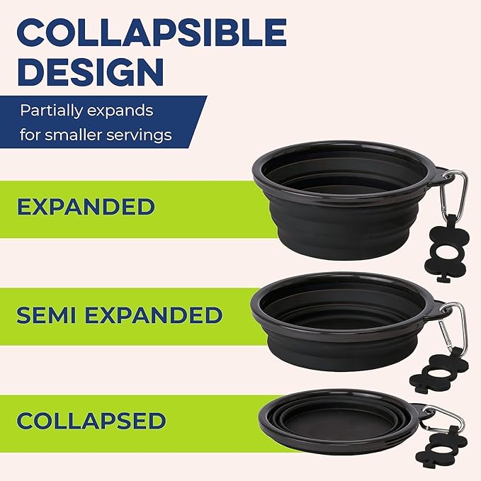 Bonza Collapsible Dog Bowls - Small 12 oz, Dog Travel Accessories, Silicone Portable Dogs Bowl & Water Dish with Reinforced Rim & Carabiner for Hiking, Camping, and Car Trips, Navy Blue