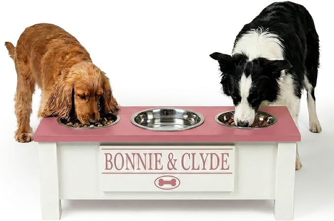 GTW Personalized Elevated Triple Dog Bowl Stand for Large, Medium, Small, X-Small Dogs - 3 Stainless Steel Food and Water Bowls - Raised Dog Dish with Internal Storage (Medium, Pink)