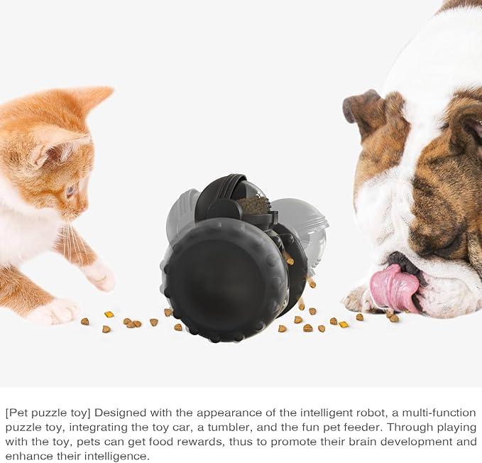 Interactive Pet Food Dispenser Toy for Dogs and Cats, Treat Dispensing Rolling Ball with Textured Wheels, Available in Yellow, Green, Black (Black)