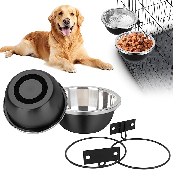 Dog Kennel Bowls, Set of 2 Heavy Duty Metal Food and Water Bowl for Feeding Dogs and Cats, Removable Stainless Steel Hanging Dog Bowls for Kennel Large and Medium Dogs, 56oz