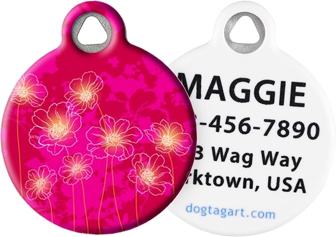 Dog Tag Art Cute Flower Custom Pet ID Tag for Dogs and Cats, Personalized Dog Tag with Customized Identification Information, Pink Garden, Small (7/8" Diameter)