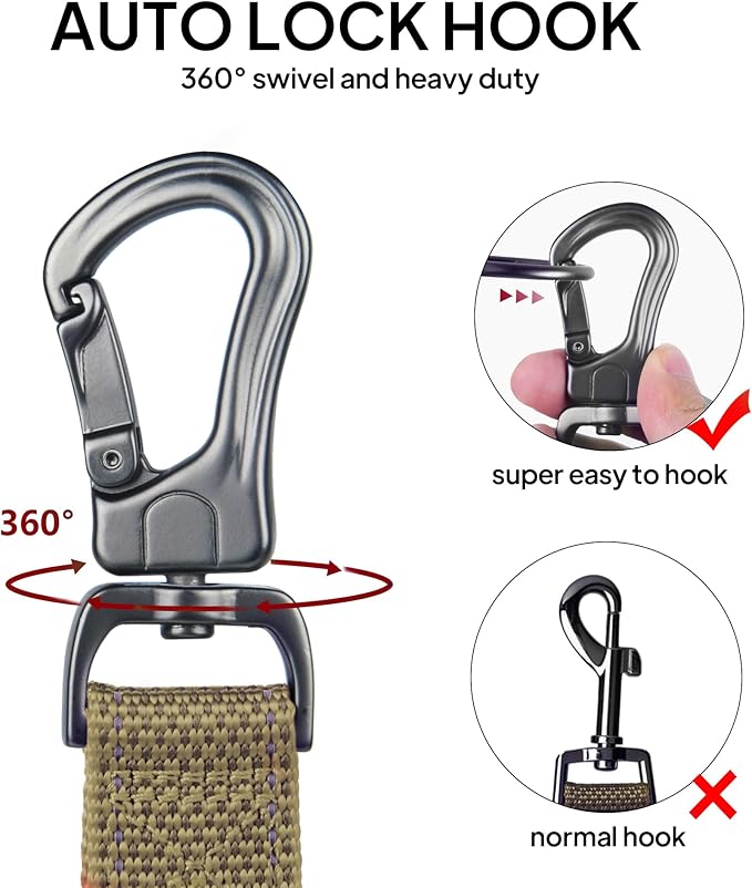 TwoEar 5FT 1IN Strong Brown Dog Leash with 2 Padded Handles, Traffic Handle Extra Control, Comfortable Soft Dual Handle, Auto Lock Hook, Reflective Walking Lead for Small Medium and Large Dogs