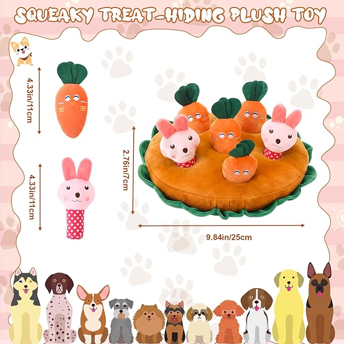Skylety 7 Pcs Interactive Carrot and Bunny Dog Toy Set Snuffle Toy with Treat Hiding Puzzle and Squeaky Plush, Durable Interactive Dog Toys for Small Medium Dogs, Training and Boredom Relief Plaything