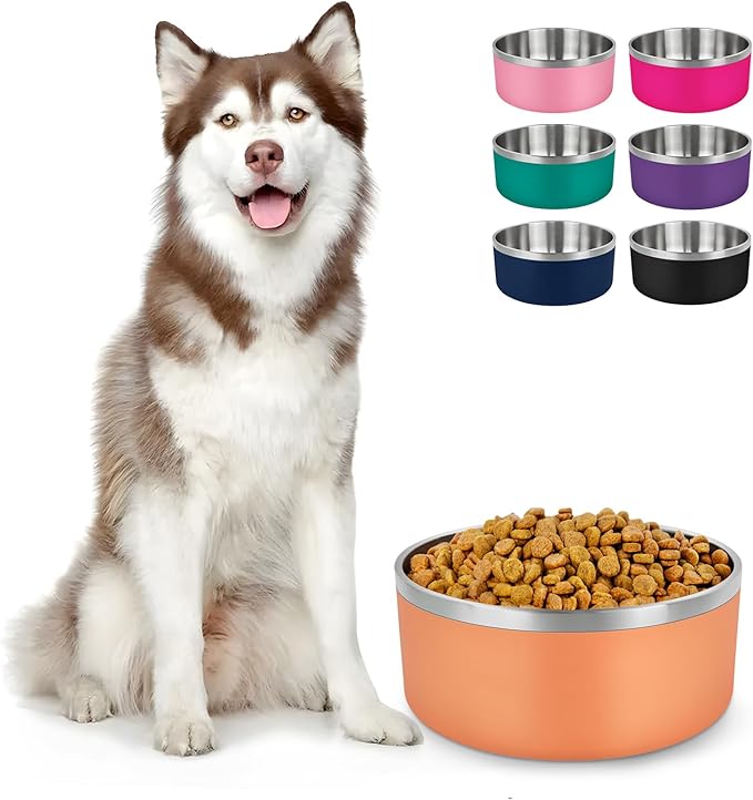 LIHONG Stainless Steel Dog Bowls for Large Dogs,Dog Food Water Bowls with Non Slip Rubber Bottom,Pet Feeding Bowl,Double Wall Insulated,Rustproof(64oz,Orange)
