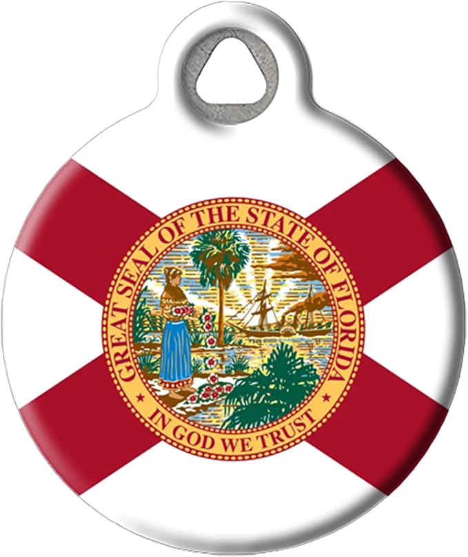 Dog Tag Art Flag of Florida Personalized Pet ID Tag for Dogs and Cats, Silent Polymer Coated Stainless Steel Floridian Nametag with Customized Identification Information - Small .875" Diameter
