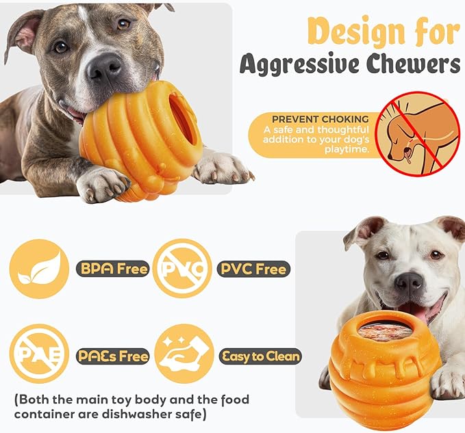 Dog Enrichment Toy for Aggressive Chewers - Interactive Dog Puzzle Toy for Boredom - Durable Nylon Honey Pot Treat Dispenser & Slow Feeder - Frozen Lick Toy with Removable Cups, Orange