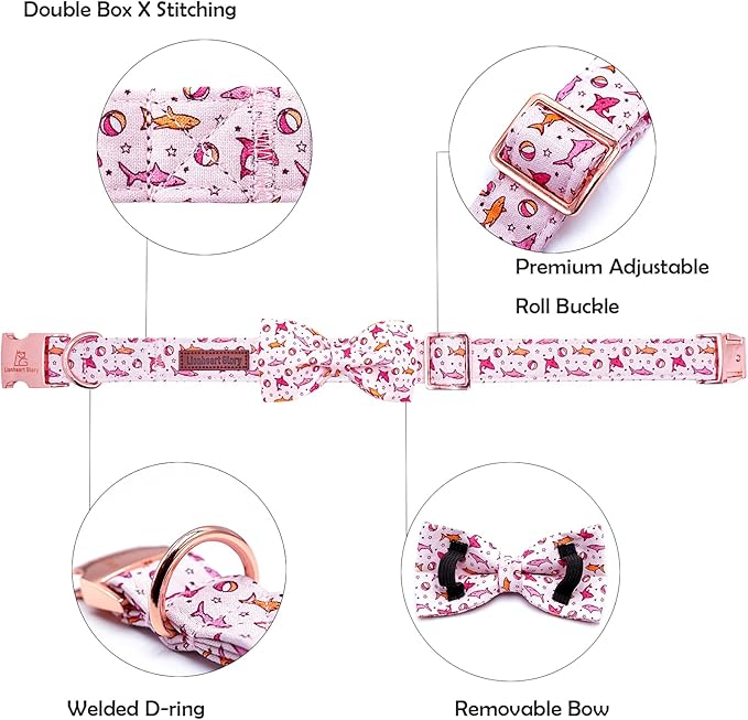 Lionheart glory Dog Collar Shark Print Dog Bow Collar Pink Dog Collar Male or Female Summer Spring Collars with Bowtie Pet Gift Durable Adjustable Soft Dog Collar for Large Dogs