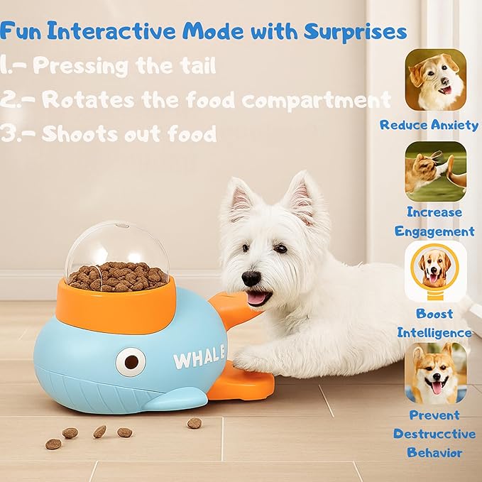 Interactive Dog Toy Treat Dispenser Whale-Shaped Slow Feeder Puzzle with Strong Suction Cups, Durable Non-Toxic Food-Grade Design for Small & Medium Dogs