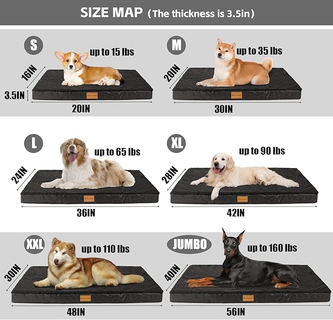 Patas Lague Orthopedic XL Dog Bed Large Sized Dog 42''X28'', Soft Waterproof Egg Crate Foam Large Pet Crate Beds Mat with Removable Washable Cover and Non-Slip Bottom, Black