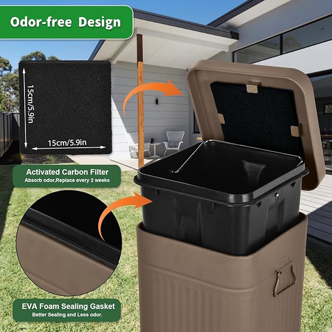 Dog Poop Trash Can with Lid for Outdoors，3.2 Gallon Trash Can with Activated Carbon Filter & Plastic Bags, Pet Waste Container，UP12L-Brown-F+90BK