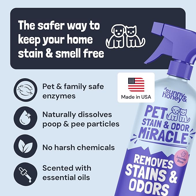 Sunny & Honey Pet Stain & Odor Miracle - Fast Acting Carpet Stain Remover & Urine Odor Eliminator - Enzyme Upholstery Cleaner Spray - For Upholstery, Couch & Mattress (32 fl oz, Light Lavender)