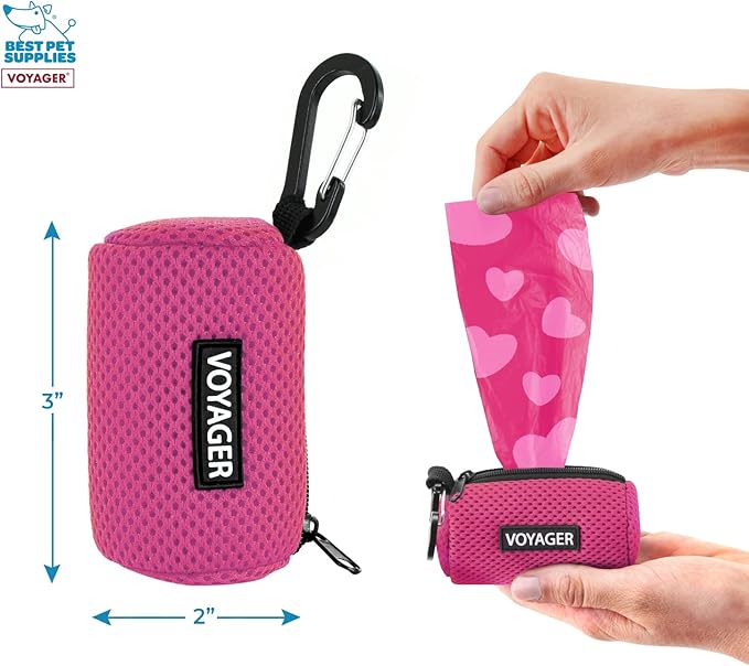 Best Pet Supplies Dog Poop Bag Holder Leash Attachment with 15 Bags, Fuchsia, Reusable Mesh Dispenser Pouch for Travel, Walking, Park, and Outdoor Use, Soft and Durable with Clip-On