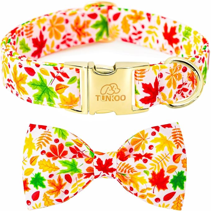 Tunkoo Fall Dog Collar with Cute Bow Tie - Durable Adjustable and Stylish Autumn Cotton Pet Collar, Available in Small Medium Large, L