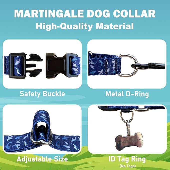 Martingale Collar for Dogs with Buckle Shark Dog Collar Adjustable Soft Nylon Boy Dog Collars for Puppy Dogs, Deep Blue Shark