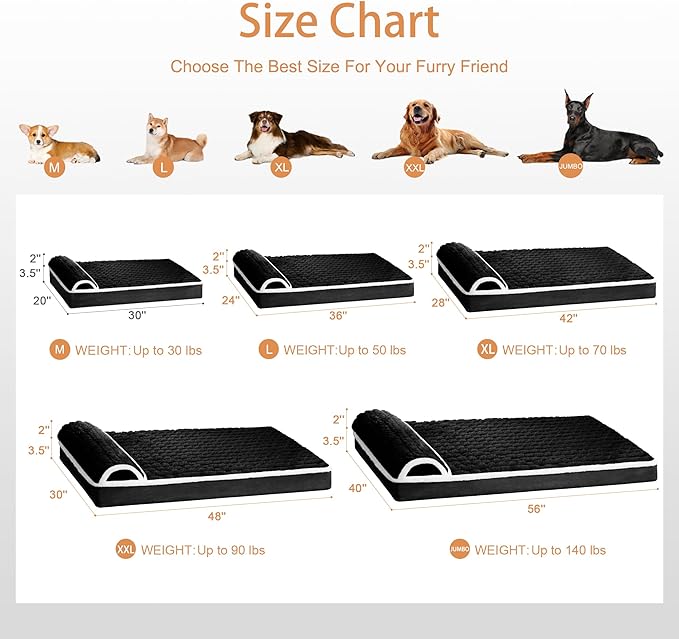 Orthopedic Jumbo Dog Bed Large Sized Dog with Pillow 56''X40'' Waterproof Soft Comfortable Egg Crate Foam Pet Crate Beds Mat with Removable Washable Cover and Non-Slip Bottom, Black