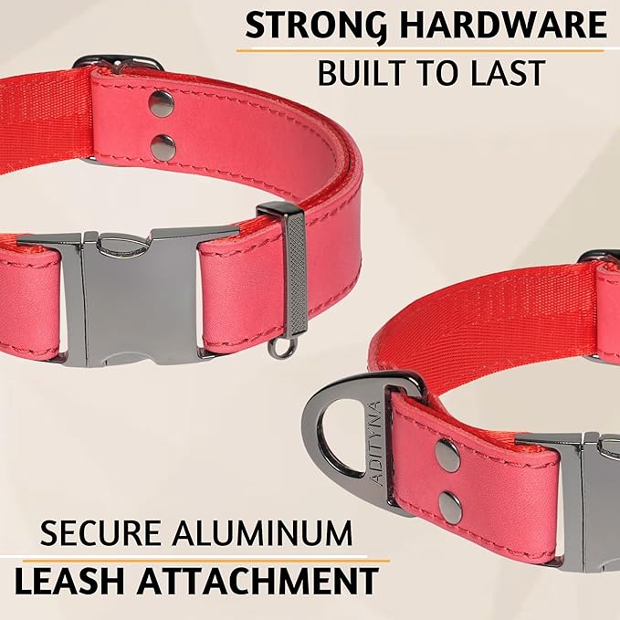 ADITYNA Red Leather Dog Collar with Metal Buckle - Heavy-Duty, Adjustable for Medium & Large Dogs (Red, Fits 15-21" Necks)