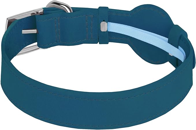Leather Dog Collar with Airtag Holder - Apple Air Tag Dog Collars - Soft Tracking GPS Pet Collar for Small Medium Large Dogs Breed Puppy (Smoky Blue, L, 15"-19" Neck Fit)