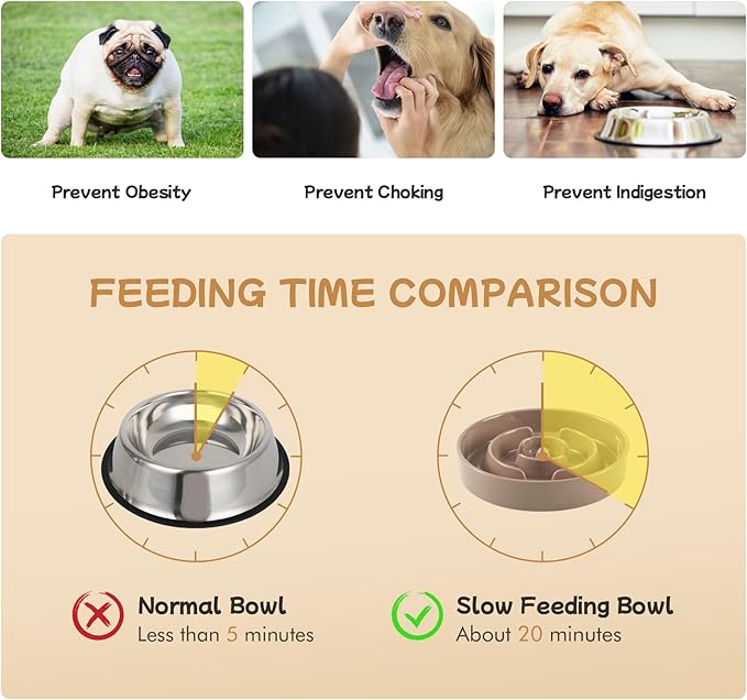 Ceramic 0.9 Cup Raised Slow Feeder Dog Bowl Set, Elevated 6.1inch Water Bowl and 6.1inch Slow Dish with Wooden Stand for Small Dogs(2 x Brown Coffee+ Stand)