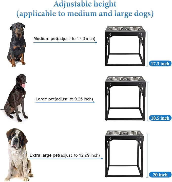 Elevated Dog Bowls, Adjustable Stainless Steel Bowls for Large, X/XL, Medium, Small Sized Dogs, Nonslip, 2 in 1