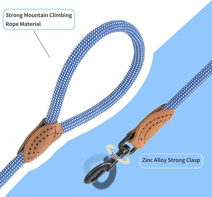 Mile High Life Rope Leash with Genuine Leather Connection, 6 FT/5 FT/4 FT, Heavy Duty Leash for Medium & Large Dogs (Blue White, 60 Inch)