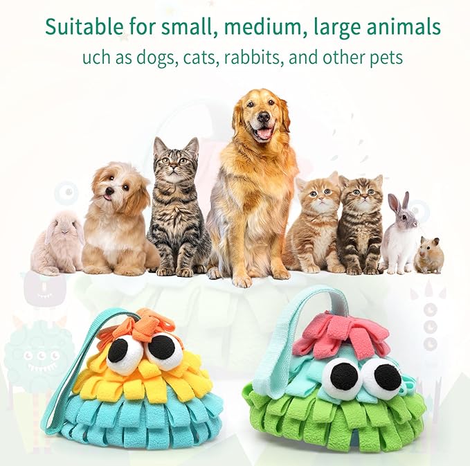 Squeaky Dog Snuffle Toy, Interactive Hide and Seek Food Puzzle for Boredom Relief, Slow Eating & Mental Enrichment, Monster Snuffle Ball for Small Dogs(Orange-Yellow-Blue)