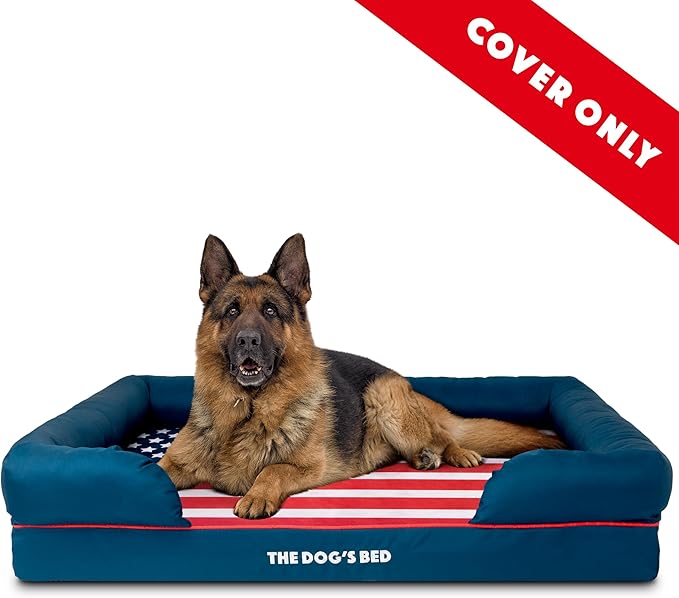 The Dog’s Bed Replacement Outer Cover, Oxford Fabric, Blue with Red Trim & USA Center Flag, XL