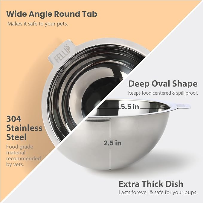 Felli Pet Oblik Acrylic Raised Dog Food Water Bowl Stainless Steel Slanted Oval Dish for Short Leg Puppy & Small Medium Pet, Elevated Tilted Metal Feeder(Gold, 1.5 Cups Oval Dish)