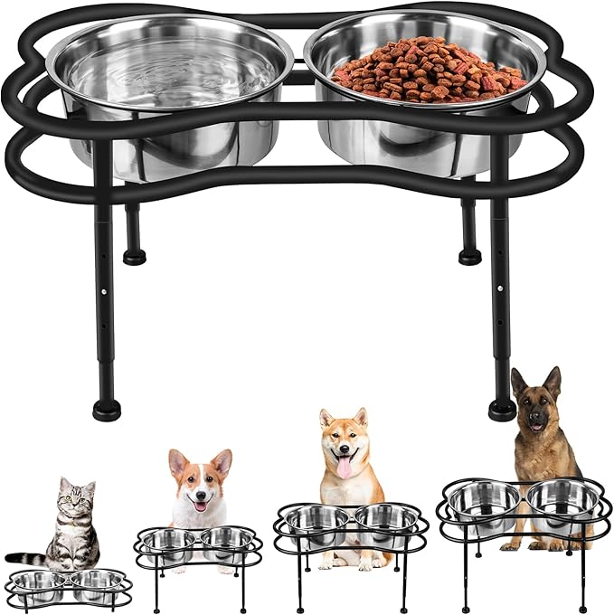 Elevated Dog Bowls Pet Feeder with 2 8" Width Stainless Steel Bowls 4 Height Adjustable Raised Bowl Stand 3.3", 8.66", 9.84", 11.02" Food and Water Bowl Set Black for Dogs, Cats and Pets