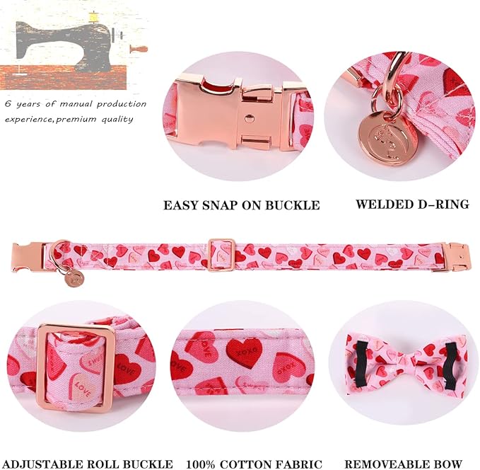 DOGWONG Valentine's Dog Collar with Bowtie - Pink Heart Adjustable Cotton Heart Dog Collar - Perfect for Small, Medium, Large Dogs