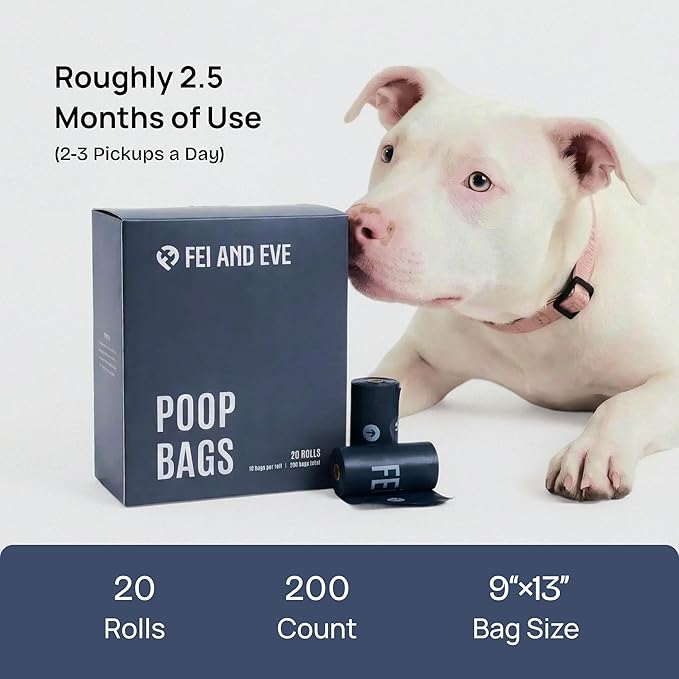 2026 New Edition, Fei & Eve Dog Poop Bags - Extra Thick 25 Micron & 100% Leak-Proof | Full Blackout & Odor-Locking | Stretch Resistant | Easy to Tear off | Waste Bags | Unscented | 20 Rolls