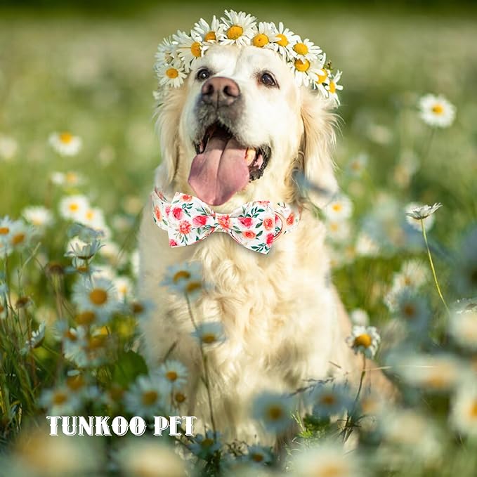 Tunkoo Flower Dog Collar with Cute Bow Tie and Rose Patterns, Adjustable Premium Durable Cotton Collar Gift for Small Medium Large Boys Girls Dogs, S