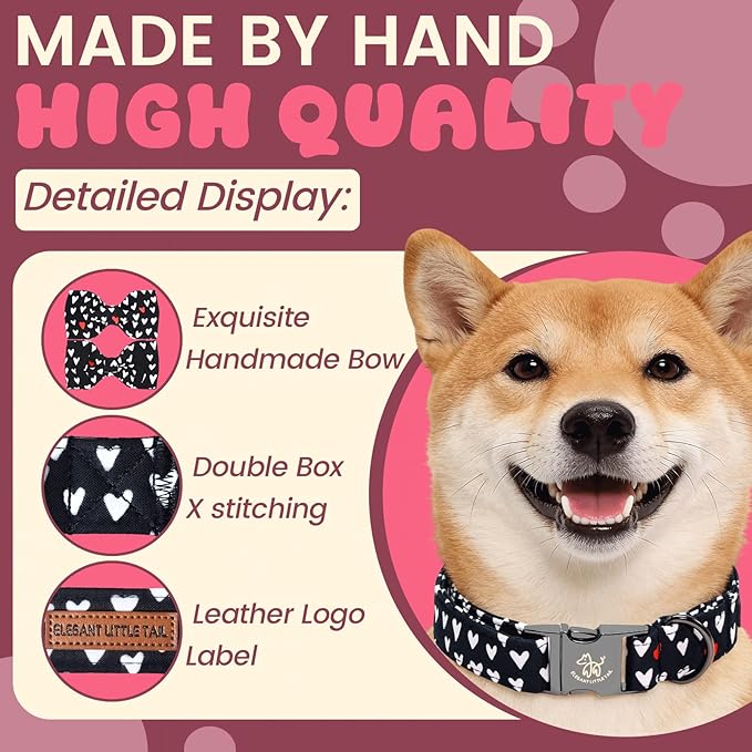 Elegant little tail Valentine's Dog Collar - Black Heart Dog Collars Bowtie Pet Collars with Sturdy Metal Buckle Puppy Adjustable Collar for X-Small Dogs