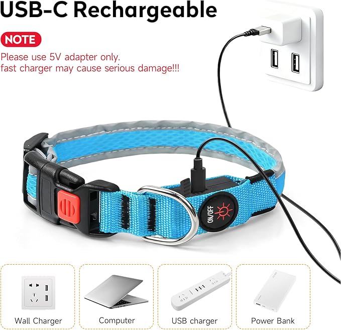 LED Dog Collar, Light Up Dog Collar USB Rechargeable, Nylon Adjustable Comfortable Soft Bright RGB 7 Colors Changeing Safety Light Glowing Collar for Medium and Large Dogs(Large,Blue)