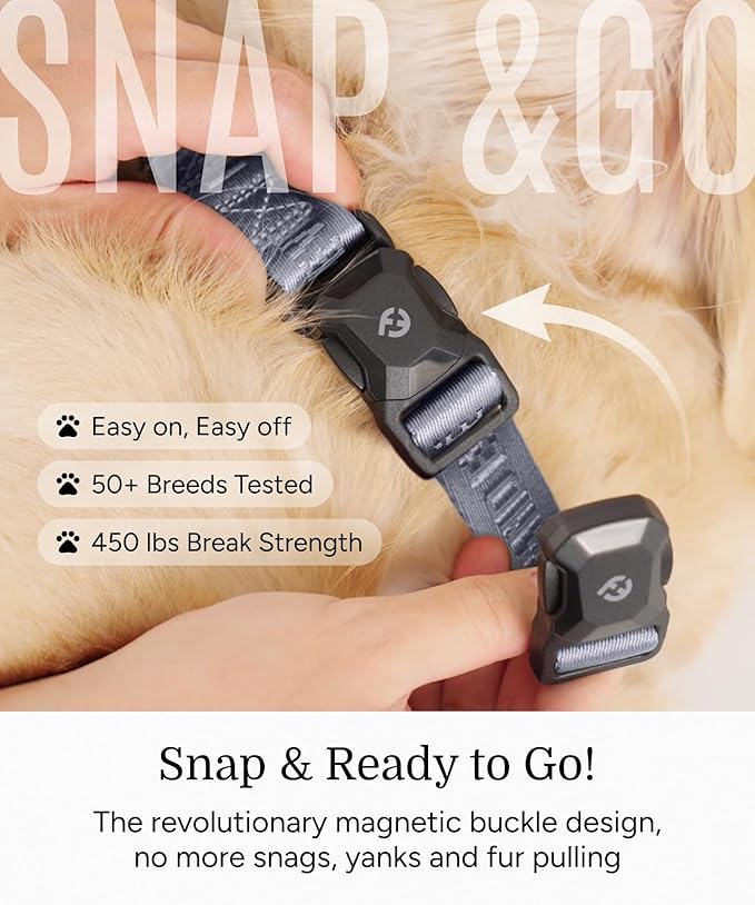2026 New Edition, Fei & Eve MagEase Dog Collar - Patented Magnetic Buckles | Fur-Safe | Premium 210D Nylon | 450LB Escape-Proof | Adjustable Fit | Medium (Twilight Gray)
