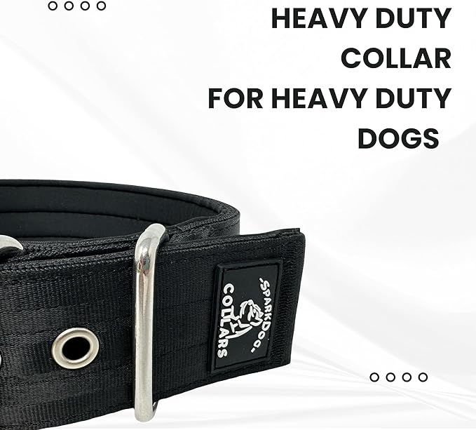 SparkDog Collars Working Dog Collar - 2" 4ply Padded Dog Collar Heavy Duty Stainless Steel Tactical Seatbelt Wide Buckle Collar (Black 2.0, 16-21" Large)