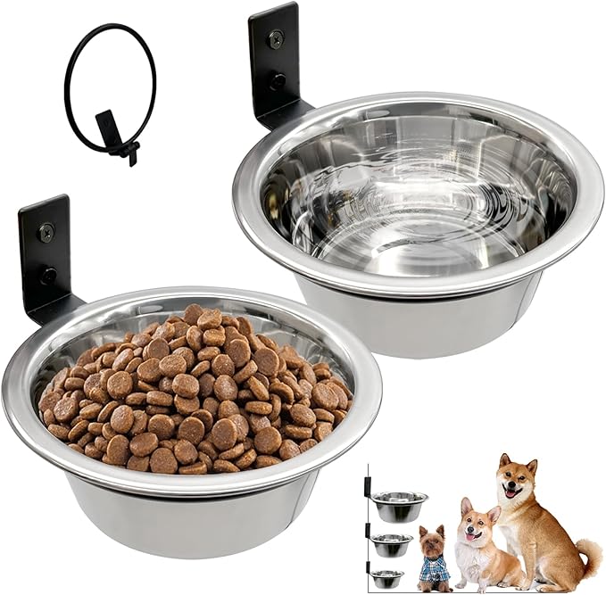 Hamiledyi 2 Pack Wall Mounted Elevated Dog Bowls - Adjustable Height Stainless Steel Raised Food & Water Bowls with Collapsible Stand for Medium & Large Dogs & Cats (L)