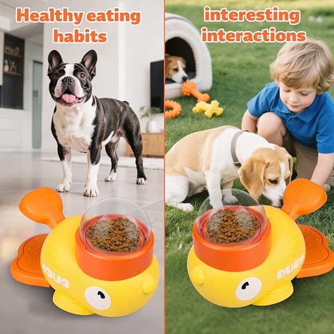 2-in-1 Dog Interactive Slow Feeder, Dog Food Puzzle Toy with 3 Outlet Sizes Replacement Heads Plastic Pet Cat Duck Frenchie Treat Dispenser Bowl for Protecting from Bloating IQ Training