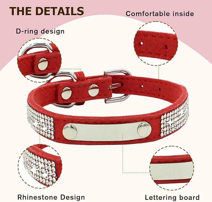 Personalized Dog Collar with Rhinestone Name Tag - Glitter Polyester Collar Adjustable [Red, XS]