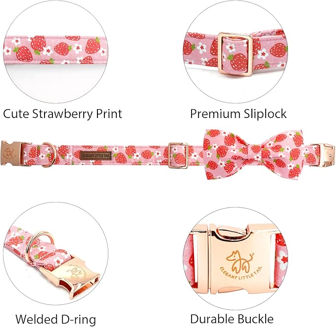 Elegant little tail Dog Collar, Spring Dog Collars with Bow Strawberry Print Cotton Soft Female Pet Collar Bowtie Floral Adjustable Pet Collar for Medium Dogs