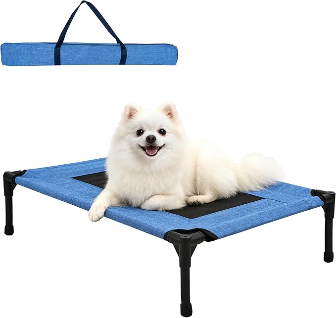 Elevated Outdoor Dog Bed, Raised Pet Cot for Medium and Large Dogs, Cooling Breathable Mesh, Durable Sturdy Frame, Washable Cover, Portable and Easy to Assemble Indoor/Outdoor Pet Bed, Blue, S