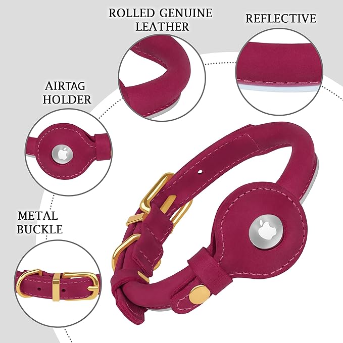 OOPSDOGGY Rolled Leather Dog Collar with Airtag Holder - Reflective Round Airtag Dog Collar - Soft Tracking Pet Collar for Small Dogs Puppy Cats Kitten (Pink, L, 14"-18")
