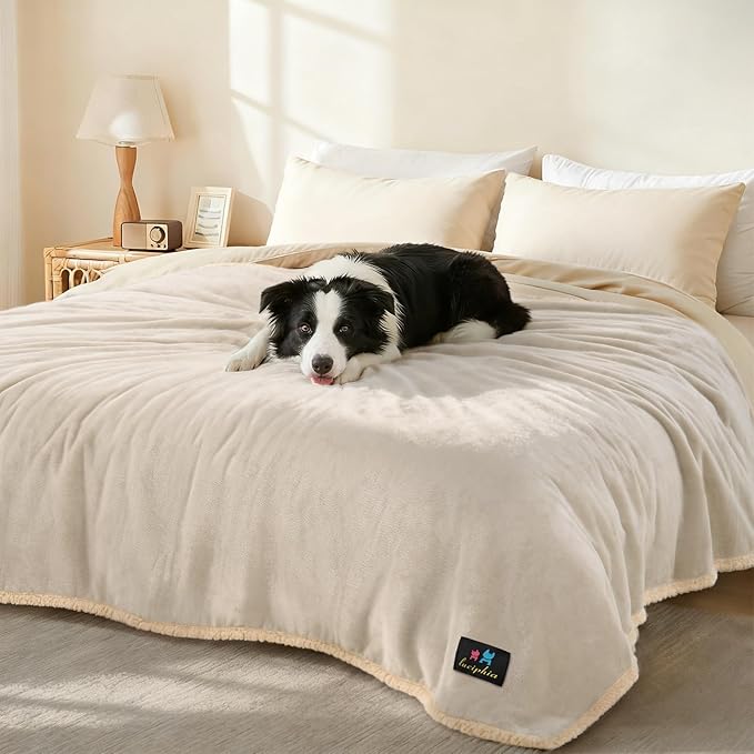 Luciphia Waterproof Pet Blanket, Liquid Pee Proof Dog Blanket for Sofa Bed Couch, Reversible Sherpa Fleece Furniture Protector Cover for Small Medium Large Dogs Cats, Grey Beige X-Large（85" x 57"）